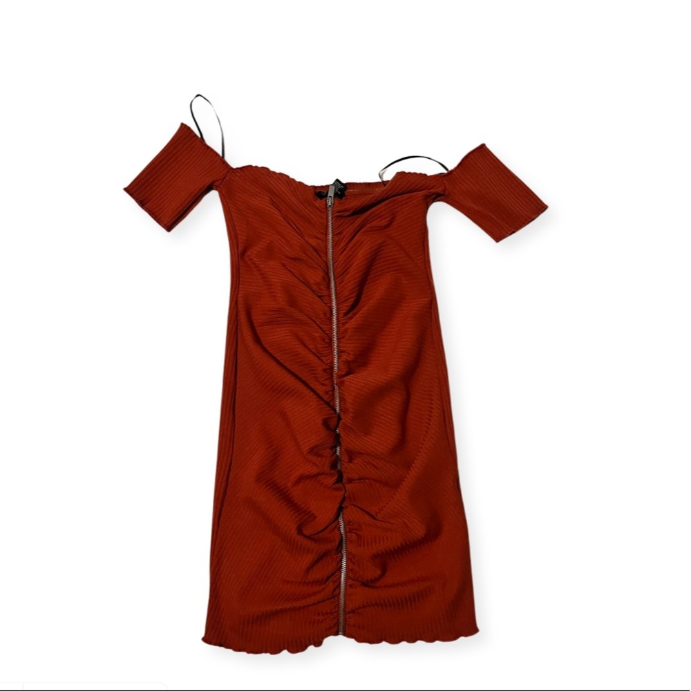Burnt Orange Zip Up Off the Shoulder Bodycon Dress